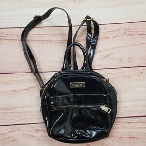Bebe Mini Backpack Black Patent Gold Hardware Convertible Crossbody Broken Zip*